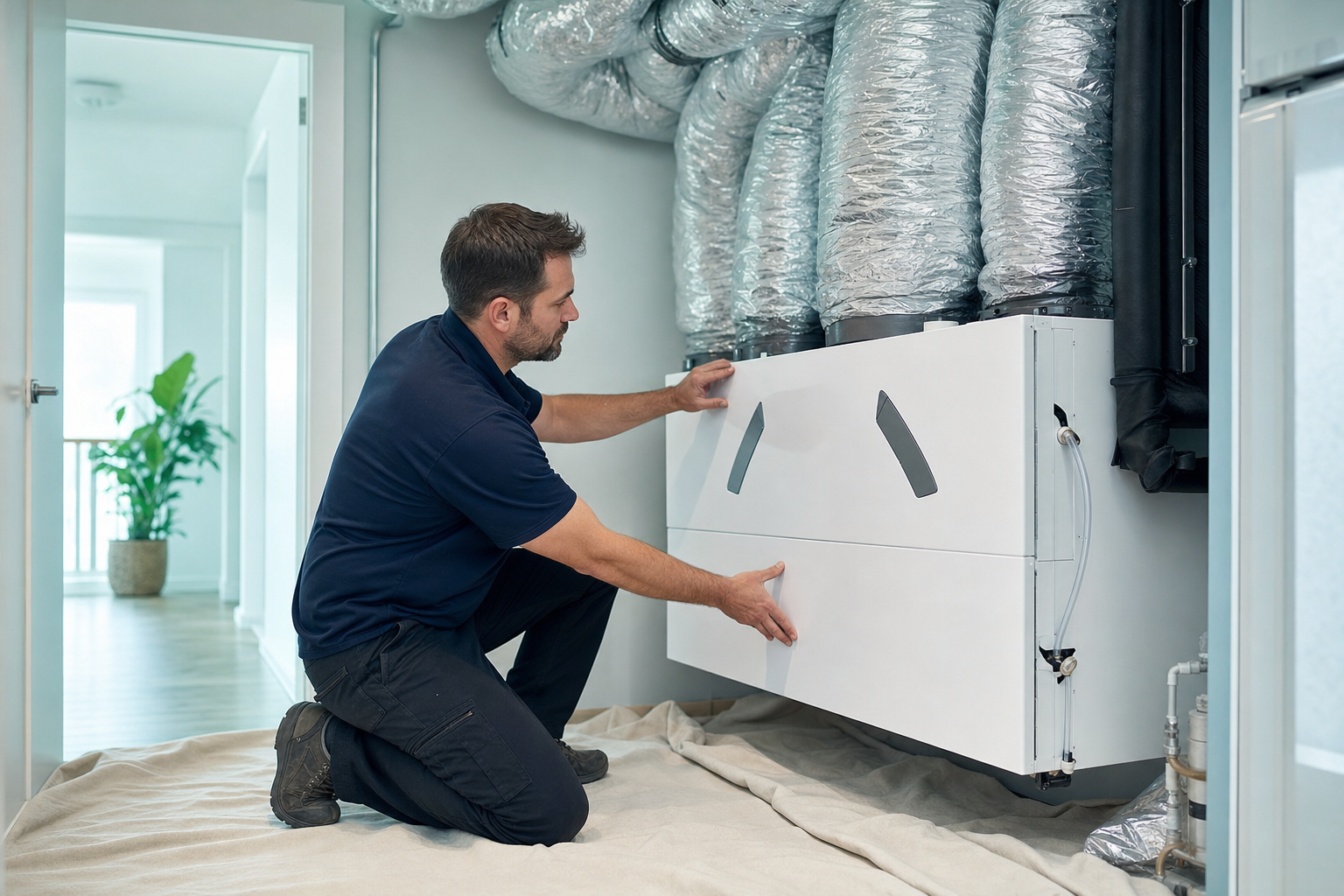 Fresh Air Solutions technician installing a whisper-quiet ERV (energy recovery ventilator) in a Maine basement mechanical room
